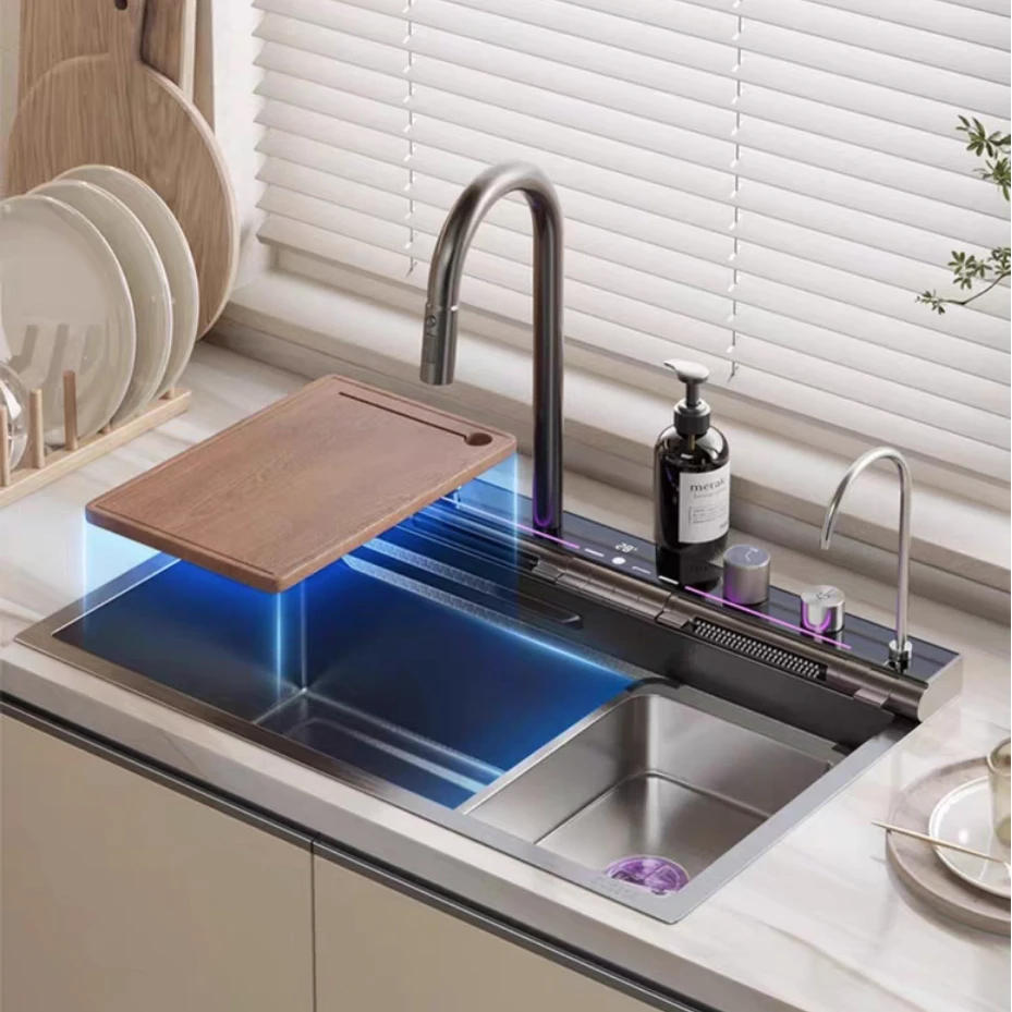 Stainless steel luxury kitchen sink with single bowl nano surface treatment option equipped with faucet