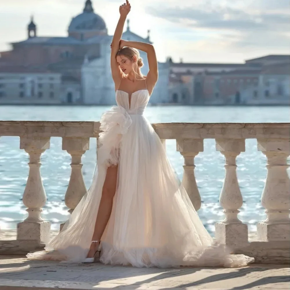 Vestidos De novia De tul con estampado De encaje brillante para mujer, Vestidos De novia elegantes y bonitos, longitud De fregado, Princesa, sin espalda