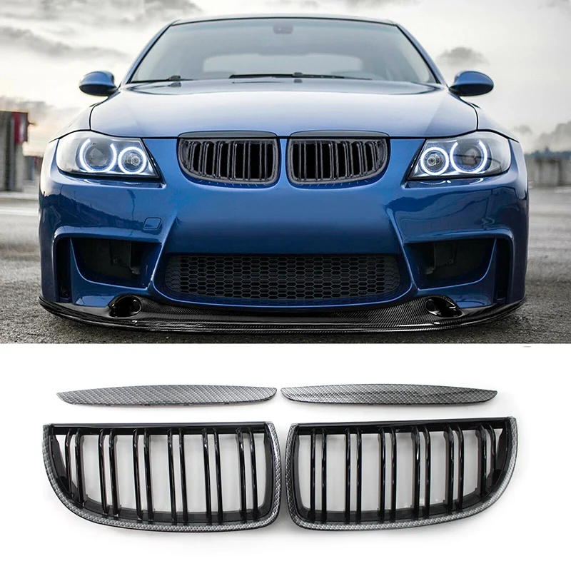 

Car Carbon Fiber Look Front Kidney Grille Dual Slats Grill for BMW 3 Series E90 E91 2005-2008