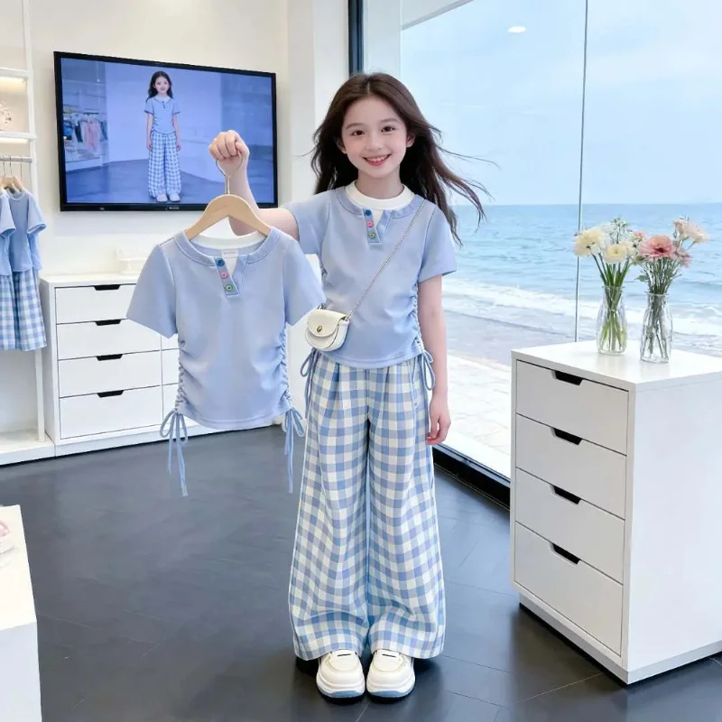 

Summer Teenage Girls Clothes Set Children Tshirt and Plaid Casual Wide-Leg Pants Suit Student Short Sleeve Top Bottom Outfits