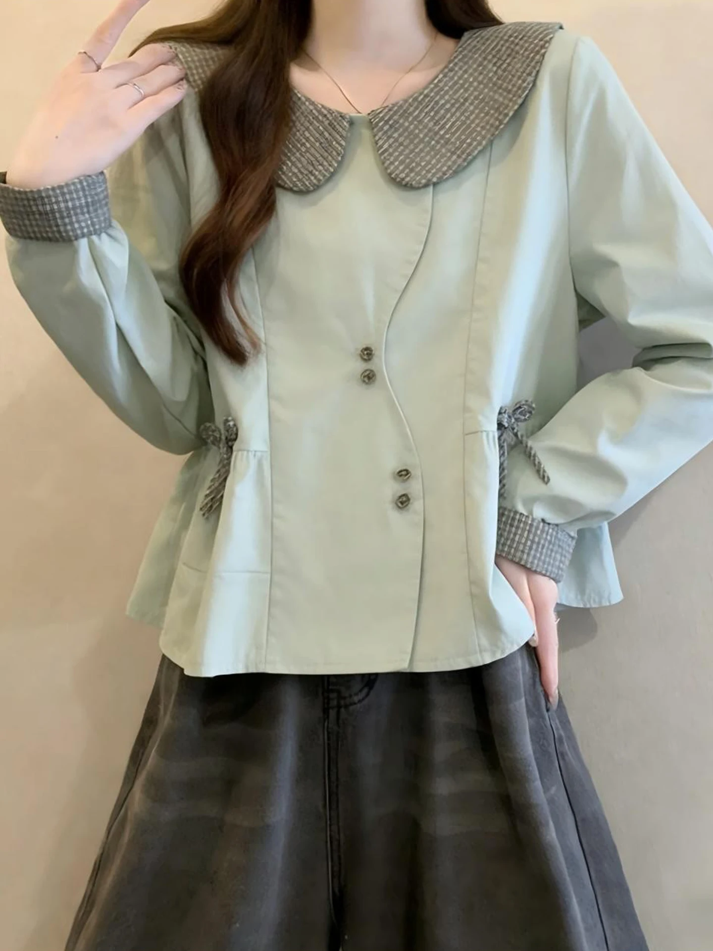 

Корейская женская блузка с длинным рукавом и воротником-стойкой, больших размеров, для ранней весны, скрывающая живот, омолаживающая, для повседневной носки