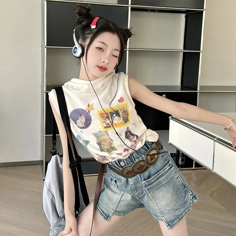 New Princess Personality Set Summer Girls Printed Hooded Tank Top T-shirt Short Sleeve+Fashion Street Denim Shorts 2pcs Set 14T