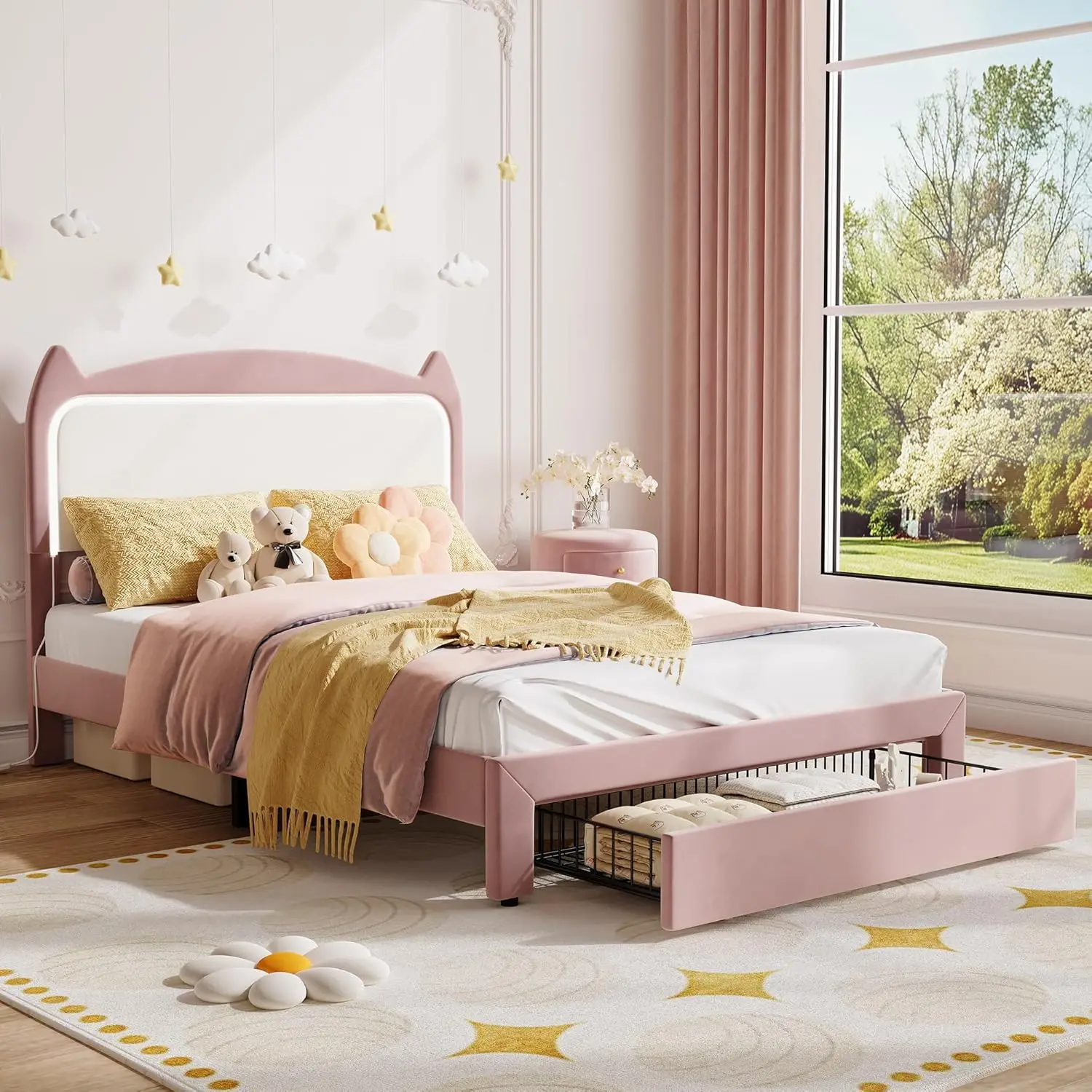 

Full Size Bed Frame with Storage Drawer, Velet Upholstered Kids Bed with LED, Princess Platform Bed for Girls/Kids,, Customized