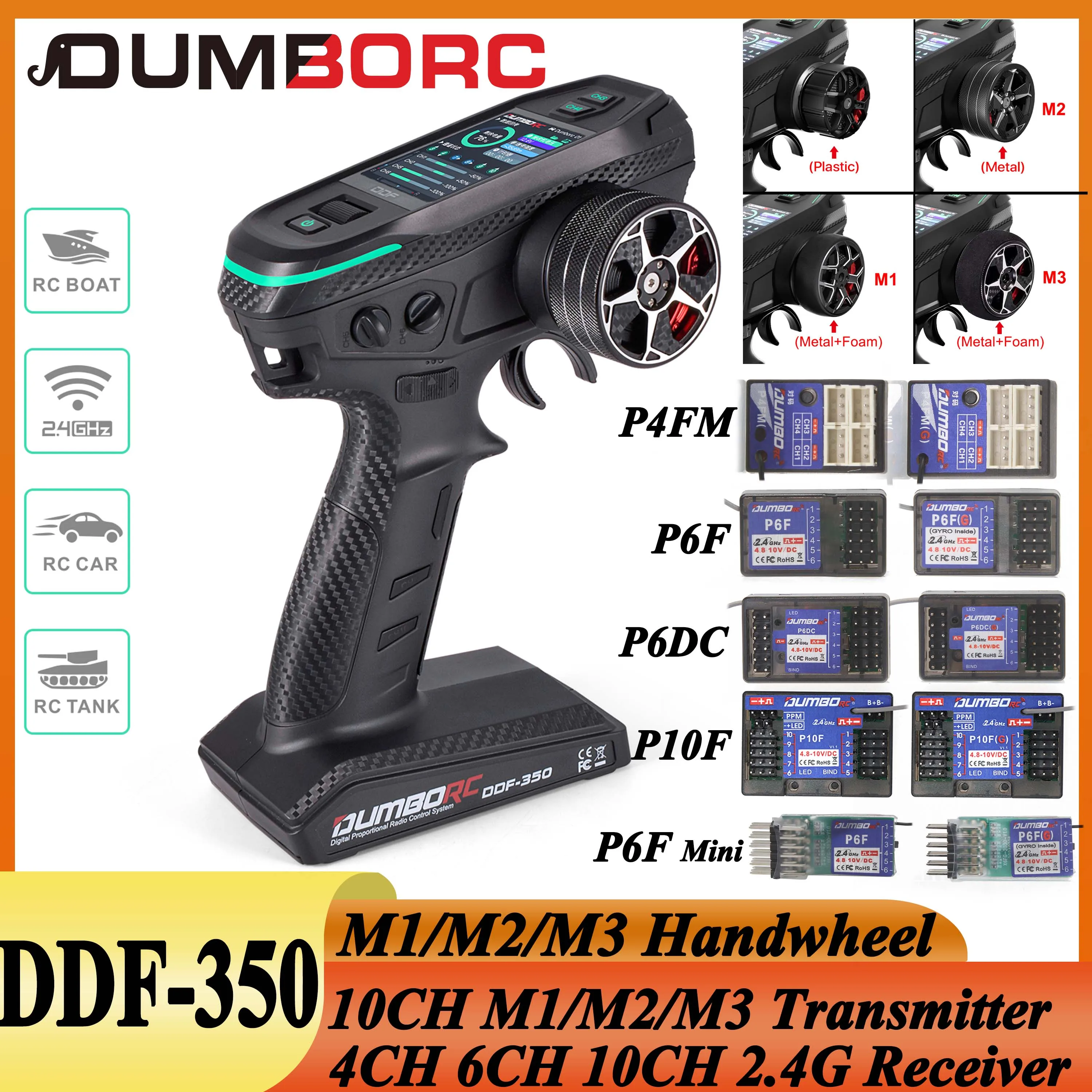 DUMBORC DDF-350 10CH 10 Channel Transmitter P4FM P6DCG Receiver M1 M2 M3 Metal Handwheel Remote Control for RC Car Plane Boat