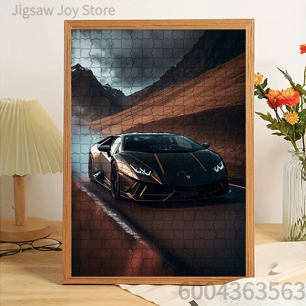 Mountain Road Black Supercar Paper Jigsaw Puzzle, Luxury Sports Car Scenic Landscape Art Paper Puzzle for Adults, Creative DIY P
