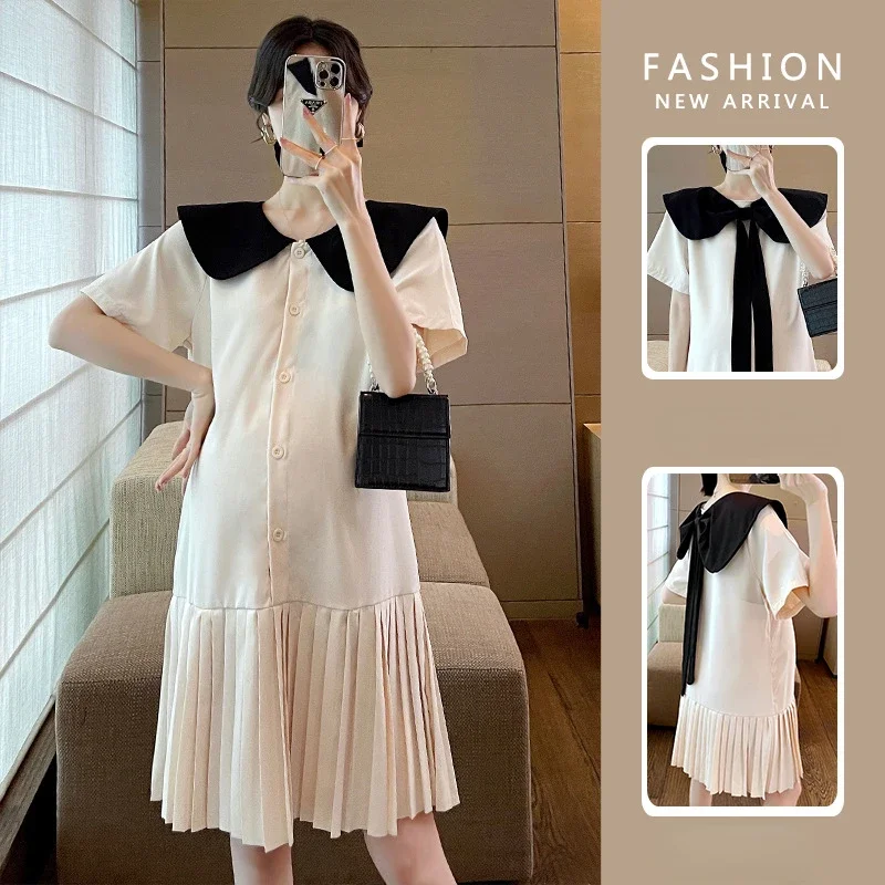 Korean Style Maternity Dresses Summer Black Sweet Pregnancy Clothes Doll Collar Pleated Skirt 2022 New Elegant WOMEN Plus Size