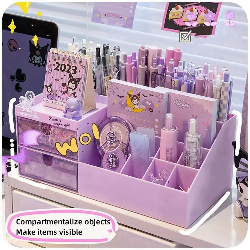 Large capacity Pen Holder Storage Box Organizer Student Drawer-type Desktop Girl Stationery Nine Grids Desk Storage Box Kawaii