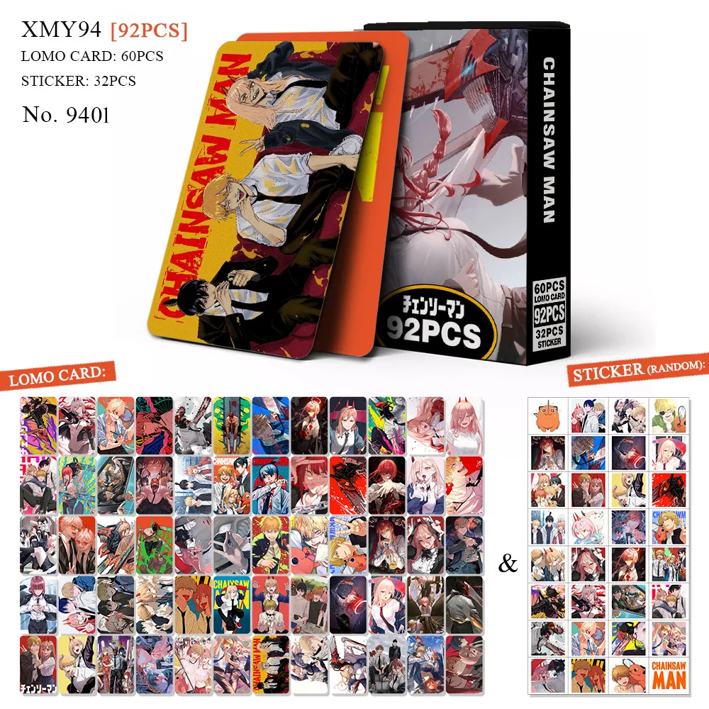 92Pcs/Set Chainsaw Man Series Lomo Cards Denji Pochita Makima Hayakawa Aki Power HD Printd Photocards And Stickers Gifts