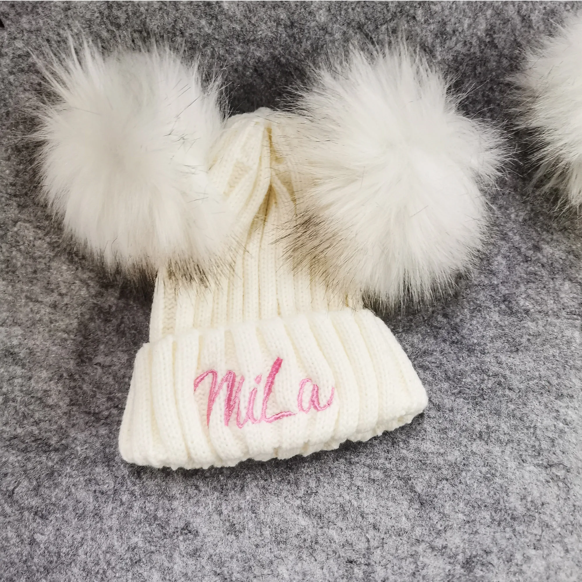 Embroidered Name Kids Double Pom Pom Beanies Hat Christmas Baby Shower Gift Winter Hat Personalized Baby Name New Year Hat