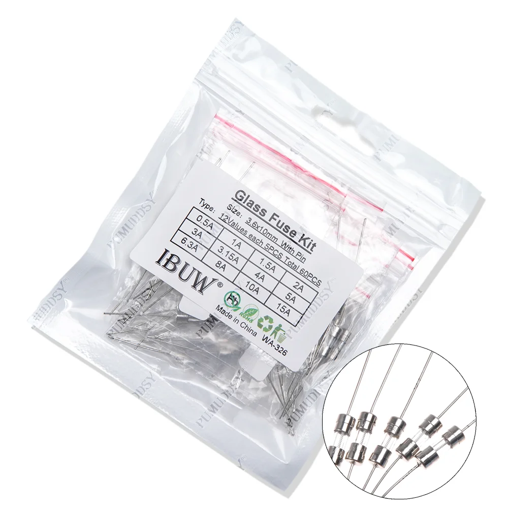 12values*5pcs=60pcs 3.6*10mm Glass fuse Slow blow 250V 3.6x10 0.1A 0.25A 0.5A 1A 2A 3A 3.15A 5A 6.3A 8A 10A 15A