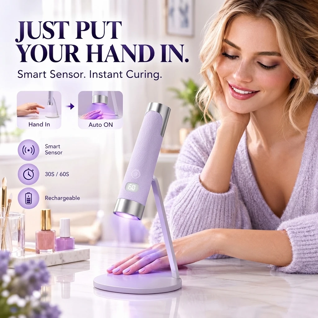 Wireless AI Sensor UV LED Nail Lamp with Magnetic Stand, Portable Handheld Mini Gel Curing Manicure Pen, Rechargeable Nail Dryer