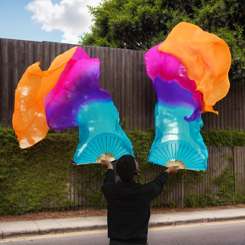100% Real Silk Fan Veils for Belly Dance Bamboo-Ribs Folding Long Silk Fan 1.8m/2.1m Chinese Hand Made dyed Fan Fire Colors
