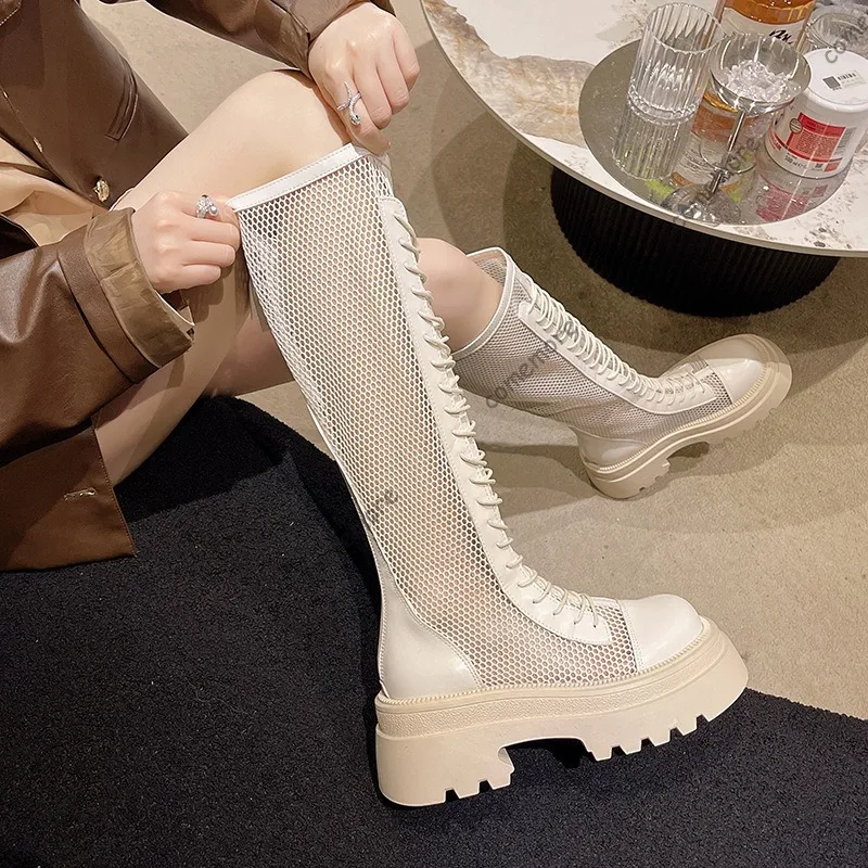 

Летние женские сапоги до колена на массивном каблуке и платформе, с круглым носком, на молнии, сетчатые, длинные, модные, удобные, Botas Mujer