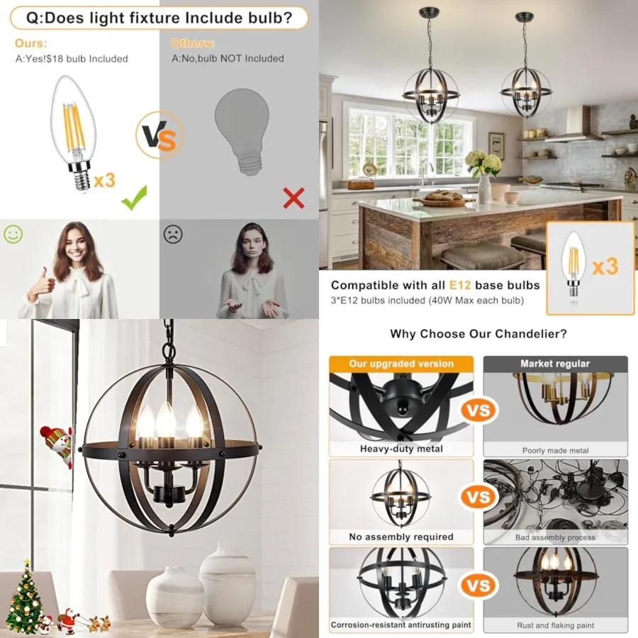 DLLT Vintage Pendant Hanging Light Fixtures, Flush Mount Ceiling Chandelier Lamp with Metal Spherical Shade for Kitchen, Dining