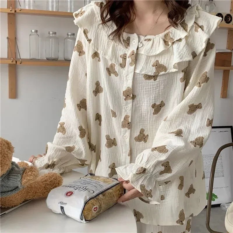 Bear Elegant Cartoon Pajamas Tops Women Set Lolita Kawaii Two Shirts Sleepwear Nightwear Ruffles Trousers Double Piece