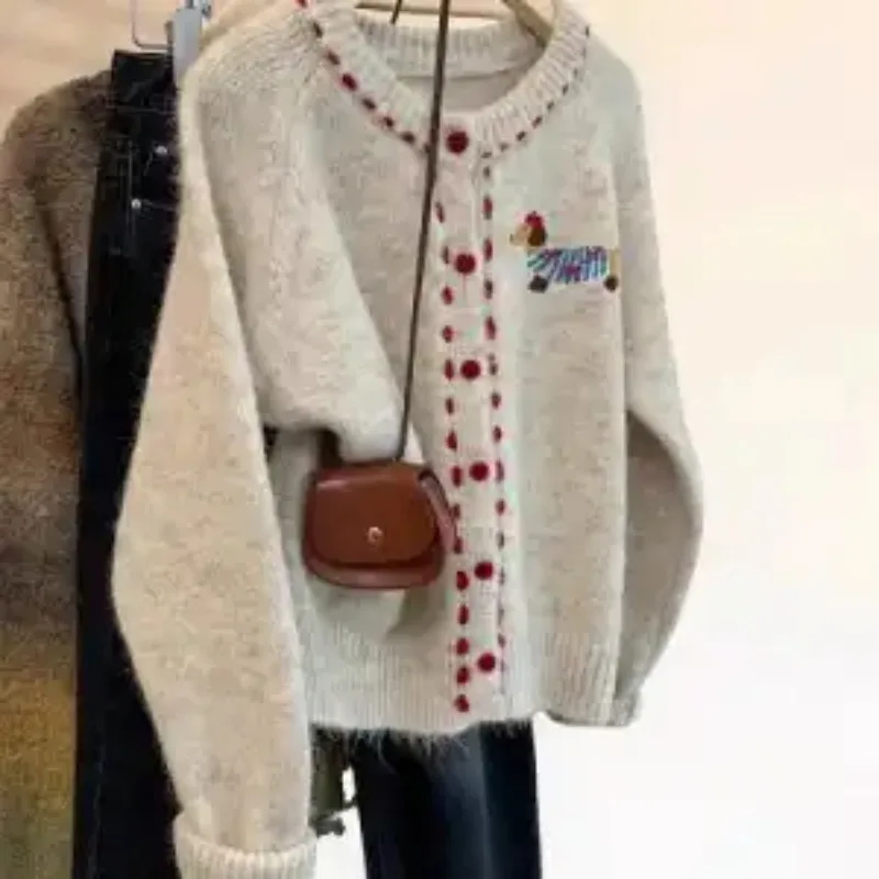 Apricot Puppy Thickened Round Neck Knitted Cardigan for Women's Autumn New Design and Soft Sweater Jacket