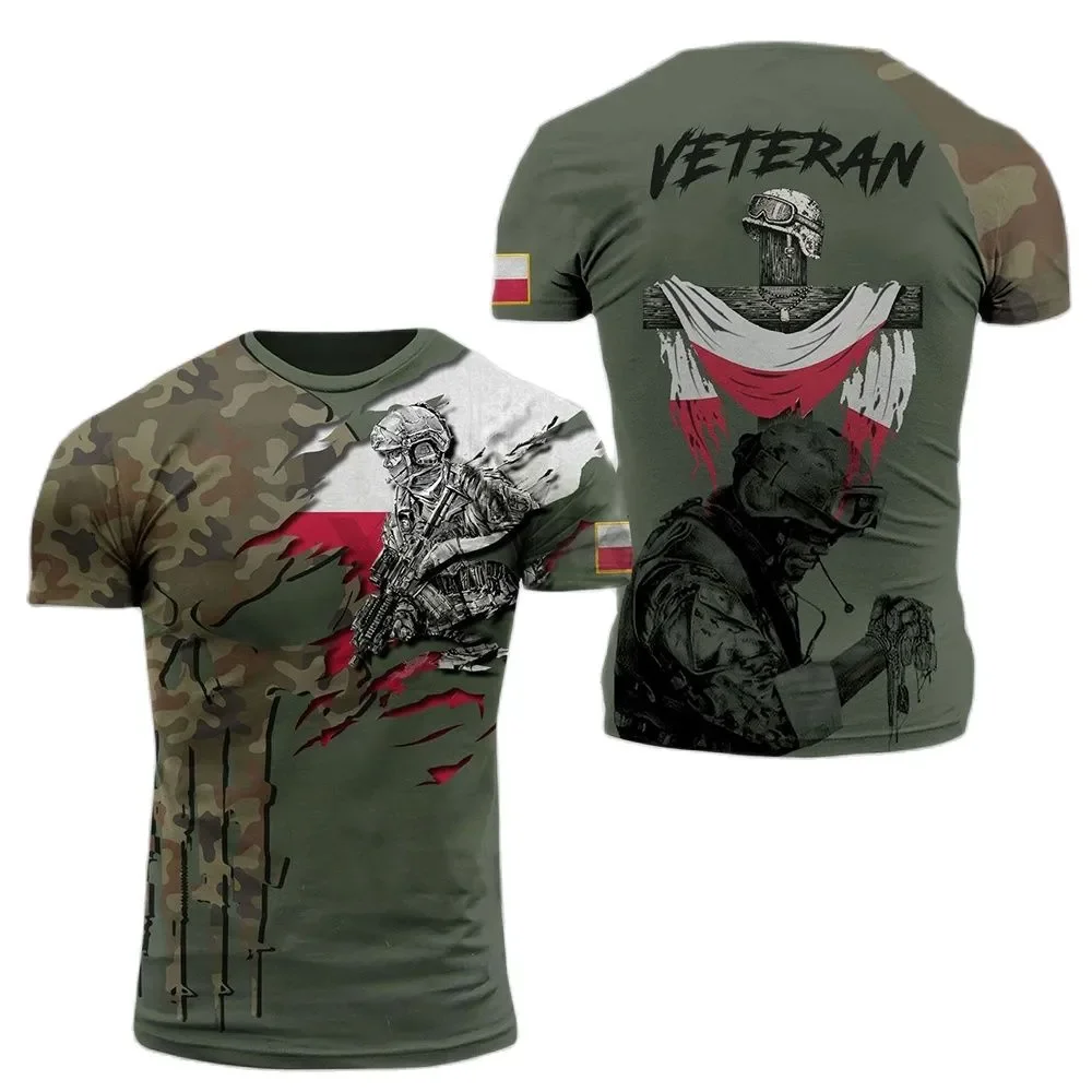 Polish Flag Camouflage Print 3D T-shirt Round Neck Men's Short Sleeve Soldiers Army Quick Dry Loose Comfortable New Sports Top