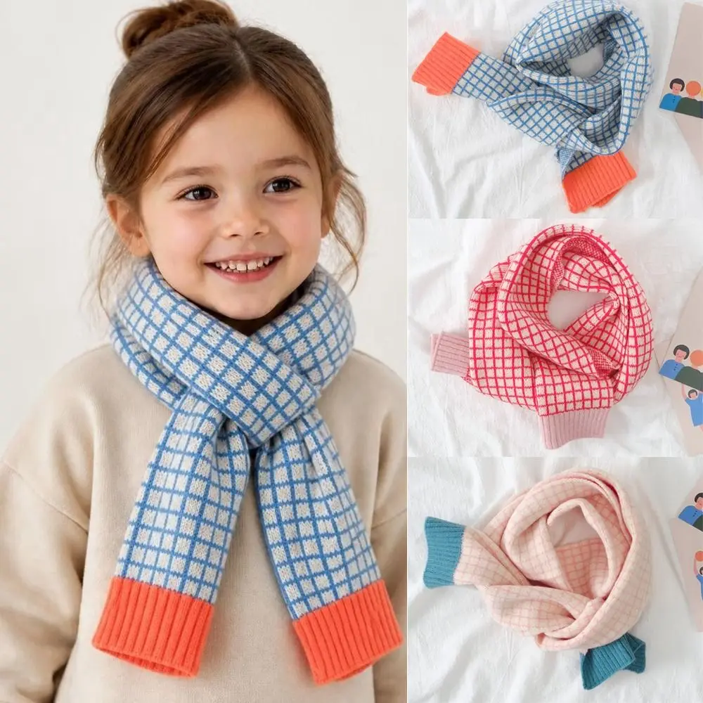Plaid Pattern Baby Knitted Wool Scarf Windproof Thermal Thicken Warm Winter Shawl Neckerchief Winter Outdoor