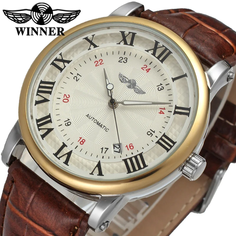 

Luxury Brand New Style Fashion White Golden Clock Date Display Brown Leather Belt Mechanical Automatic Self Wind Watches for Men