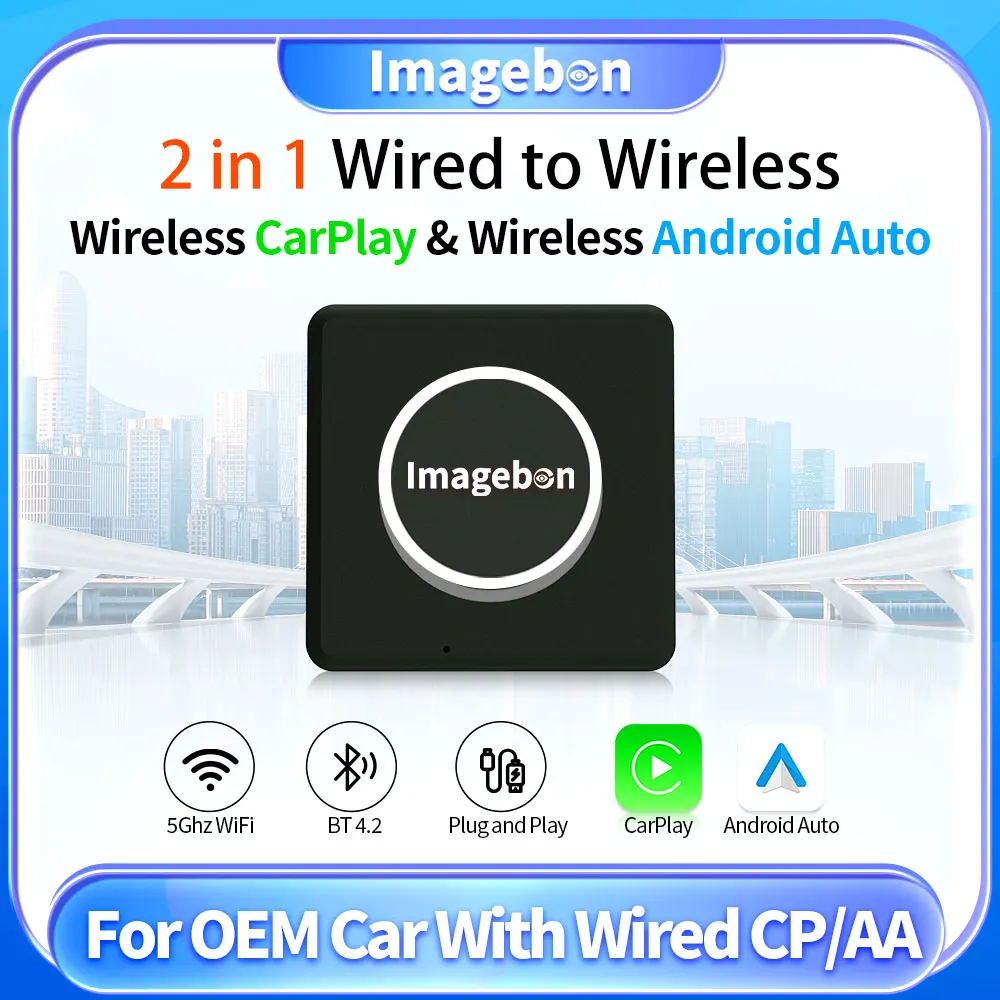 Imagebon 2IN1 Wired to Wireless CarPlay Adapter Wireless Android Auto Dongle Smart Mini Box Plug And Play WiFi Fast Connect