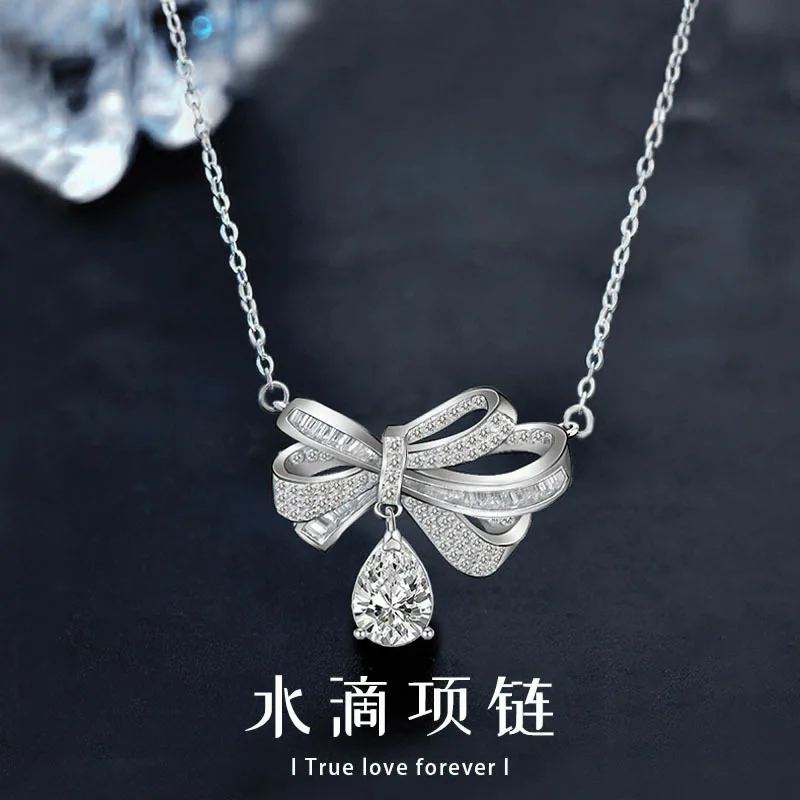 

925 silver necklace, tassel, bow, water droplet, moissani diamond pendant, versatile design, lover gift accessory