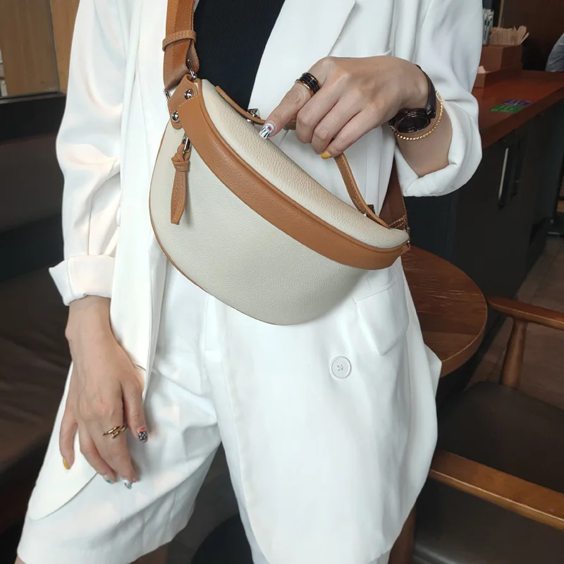 Women Genuine Leather Chest Bag Lady Fashion Crossbody Shoulder Bungee Waist Bag Female Light Soft Messenger Purse 2023 New