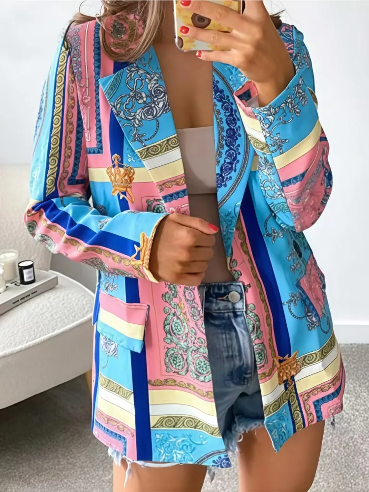 

Осенний пиджак, пальто, женский цветочный принт, граффити, модный тонкий женский пиджак, костюмы, куртки, женское пальто с длинным рукавом в корейском стиле