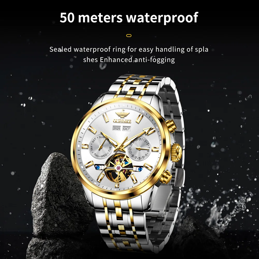 OUPINKE 3296 Mens Watch Flywheel Automatic Mechanical Watch 50M Waterproof Week Date Watches For Man High Quality Luxury Box