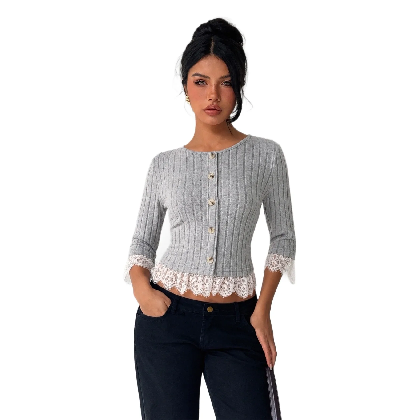Women's Half Sleeve Slim Fit Round Neck Solid Color Lace Trim Blouse Cardigan For Women Elegant Pullover Cardigans Sweater