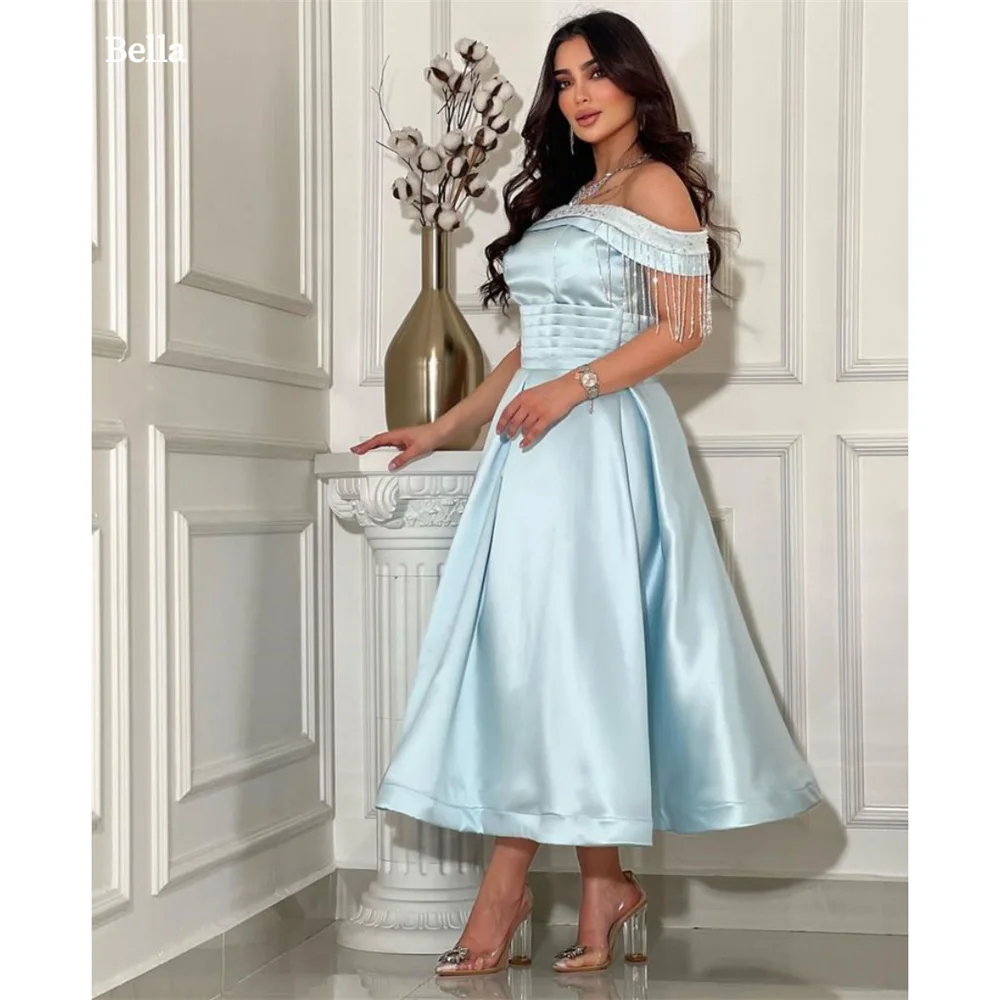 Bella Satin A-Line Simple robes de soirée Off The Shoulder Glitter Sleeveless Evening Dresses Ankle-Length Formal Wedding Dress