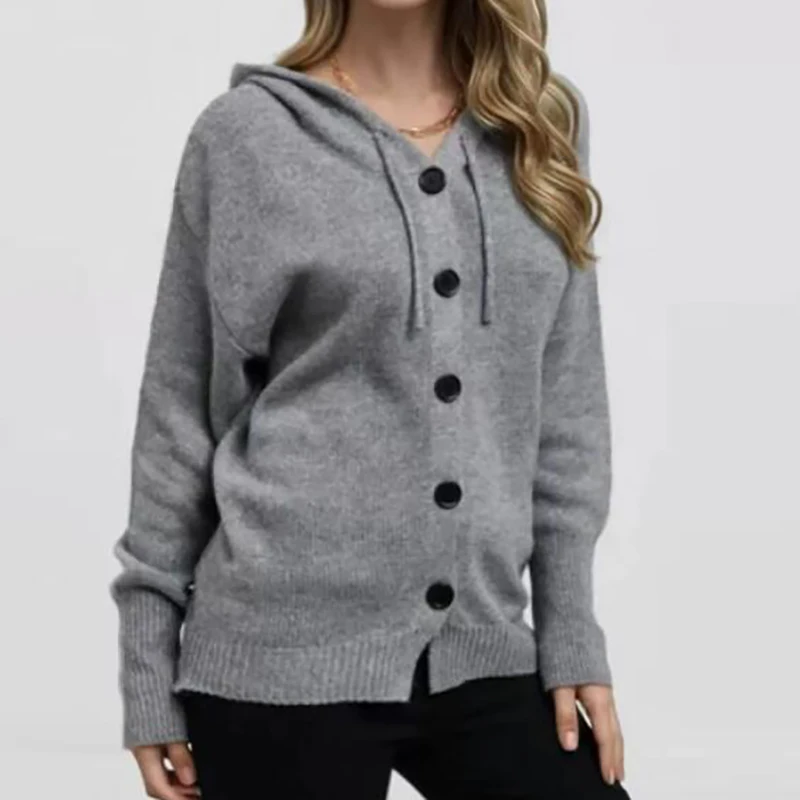 

Vintage Hooded Sweatshirt Women Long Sleeve Knitted Tops Cardigan Jacket Cross Border Button Sweater Cardigan Women Fashion Coat