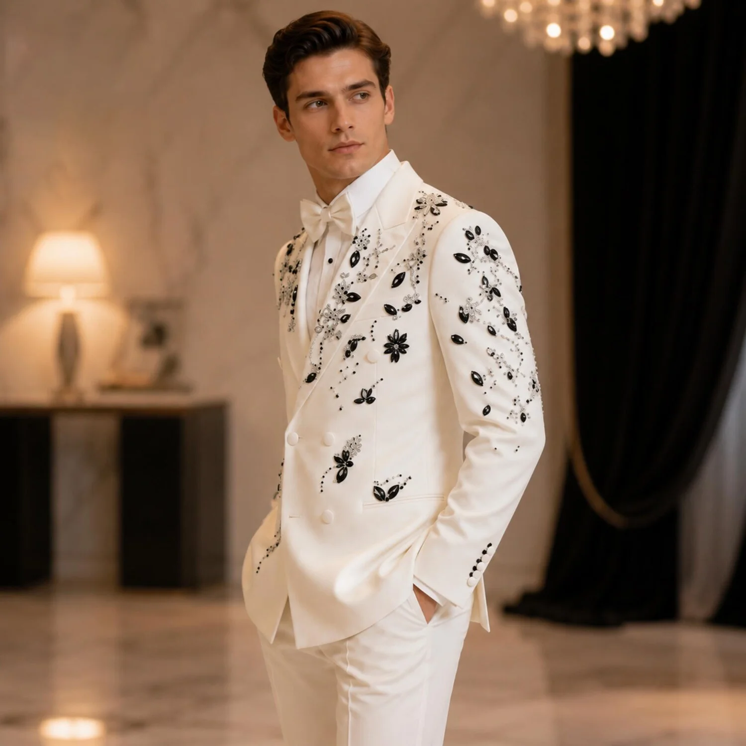 Men's Luxury Slim Fit Suits 2 Pieces Beaded Crystals One Button Wedding Groom Business Dinner Party High Quality Fashionable