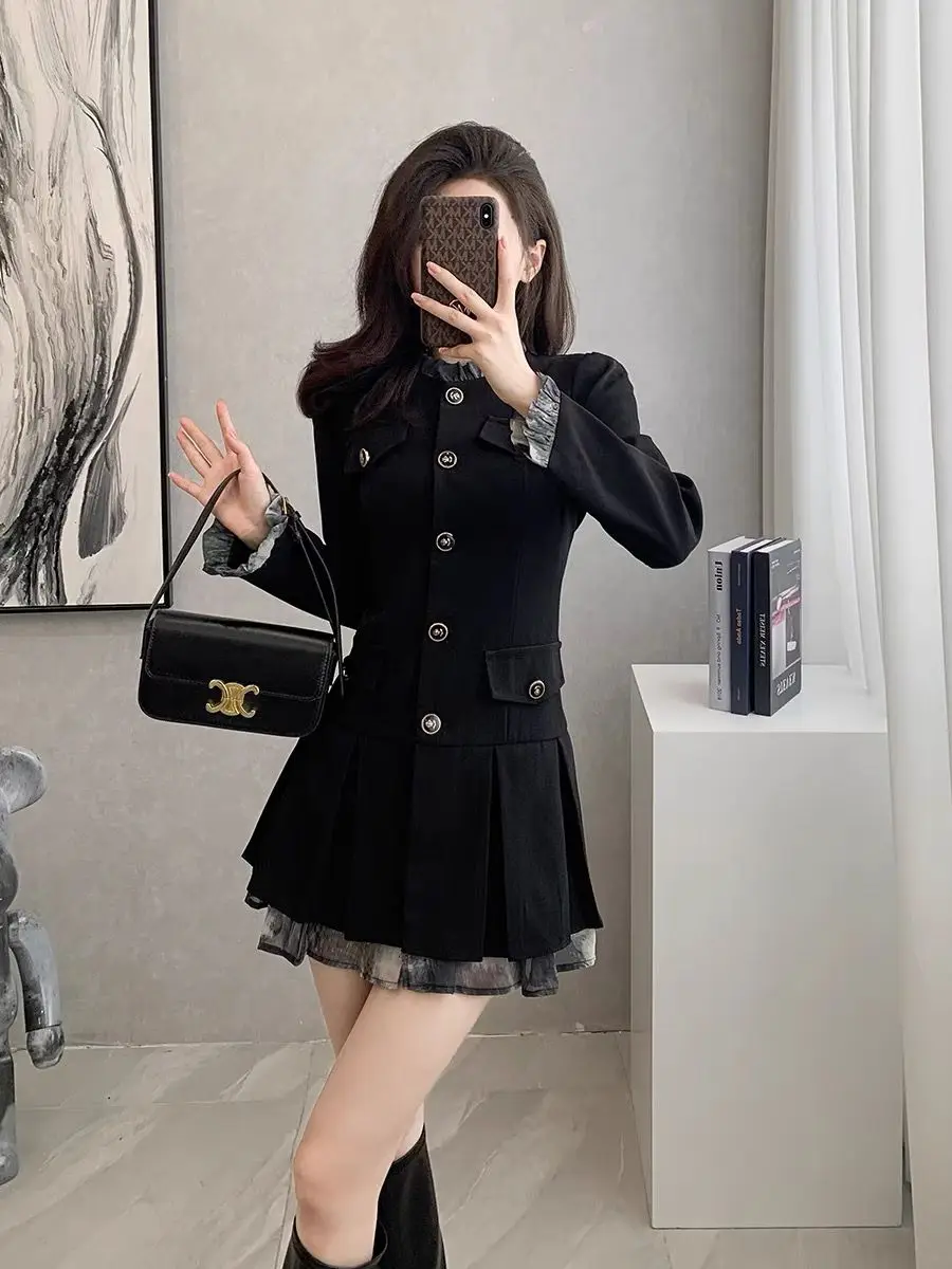 

Fashion Splicing Ruffled Pleated Black Dress 2024 Autumn Korean style Long sleeve O-neck Elegant A-Line Short Dress For Women