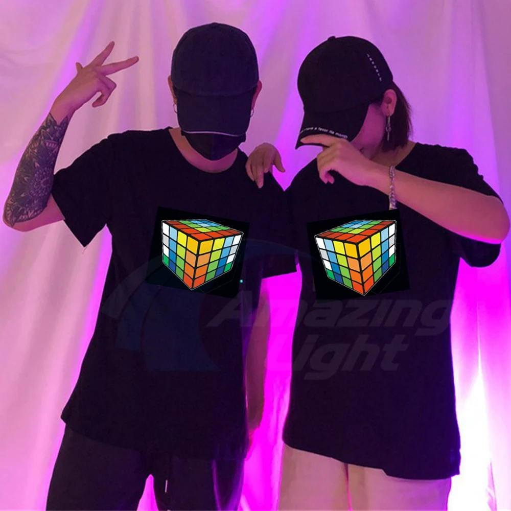 LED T Shirt Music Colorful Rubik's Cube Light Up El Panel T-shirt Sound Activated Flashing El Panel T-shirt