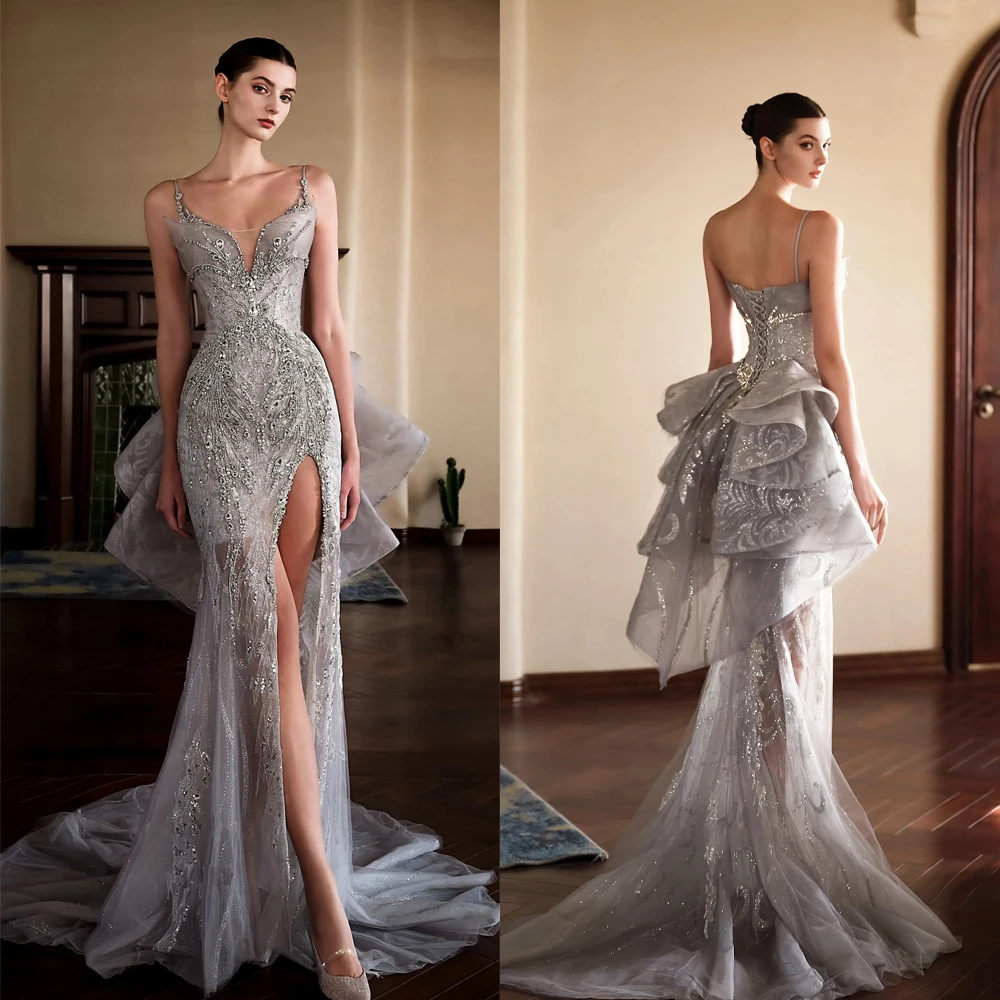 

Gorgeous Evening Dresses Mermaid Spaghetti Strap Crystals Sleeveless Backless Prom Gowns Party Dresses Customized Robe De Soirée