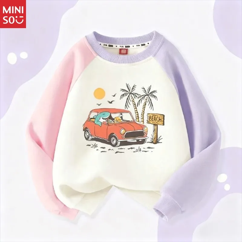 

Miniso 2025 New Winter Kids Long Sleeve Round Neck Big Kids Fleece Lined Patchwork Sweatshirt Casual Comfortable