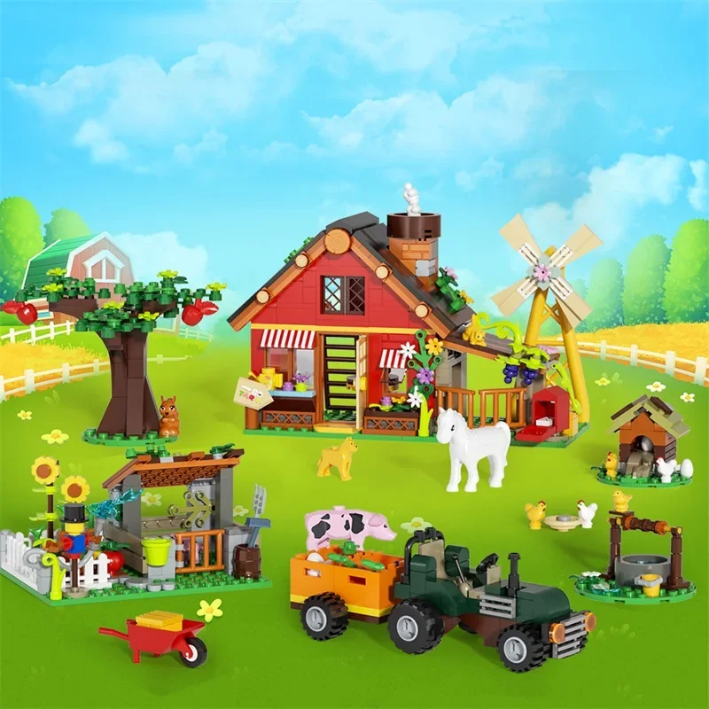 Kreative Windmühle Bauernhof Haus Bausteine Modell mit Landwirtschaft Auto Tiere Bäume Pflanzen Ziegel Zubehör Puzzle Spielzeug Geschenk