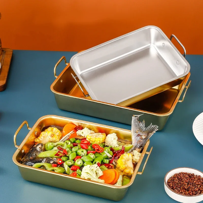 

Square Flat Bottom Grilled Fish Plate Stainless Steel BBQ Tray Food Container Rectangular Dumpling Dinner Baking Pan for Kitchen