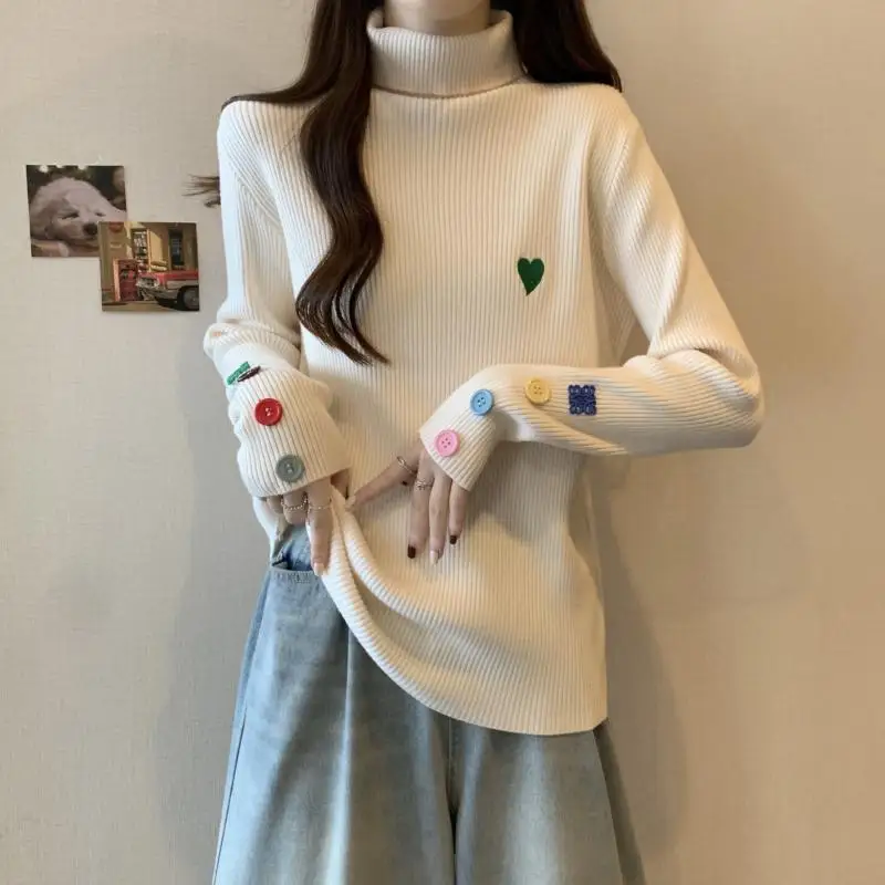 

Women's Autumn Winter Fashionable Elegant High Necked Pullover Long Sleeved Striped Bottom Shirt Casual Versatile Commuting Tops