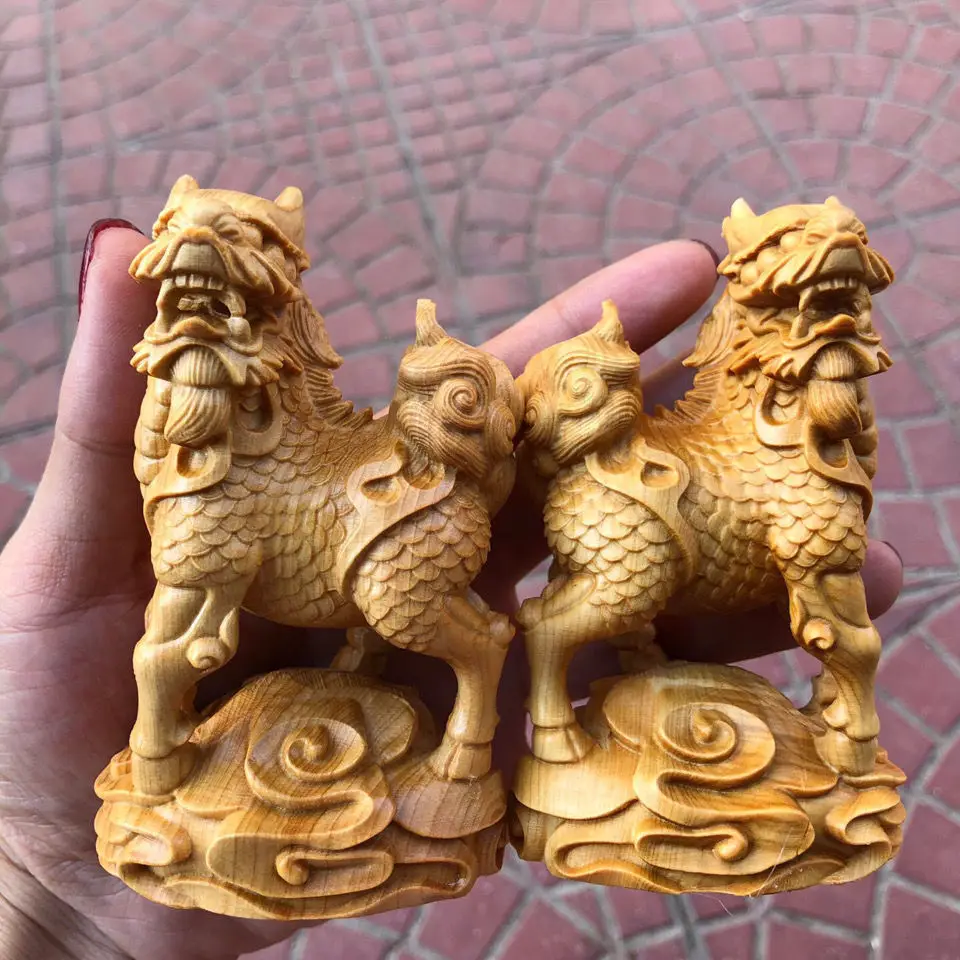 

A pair Solid Wood Carving Kirin mascot ornament Wooden hand-carved Chinese style home decor figurines gift crafts statue