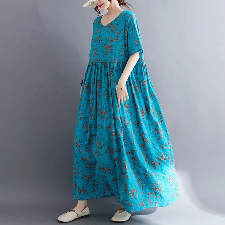 

Oversized Print Dress Summer Woman Vestidos Casual Loose Korea Linen Cotton Long Vintage Floral Ladies Womens Dresses E7160