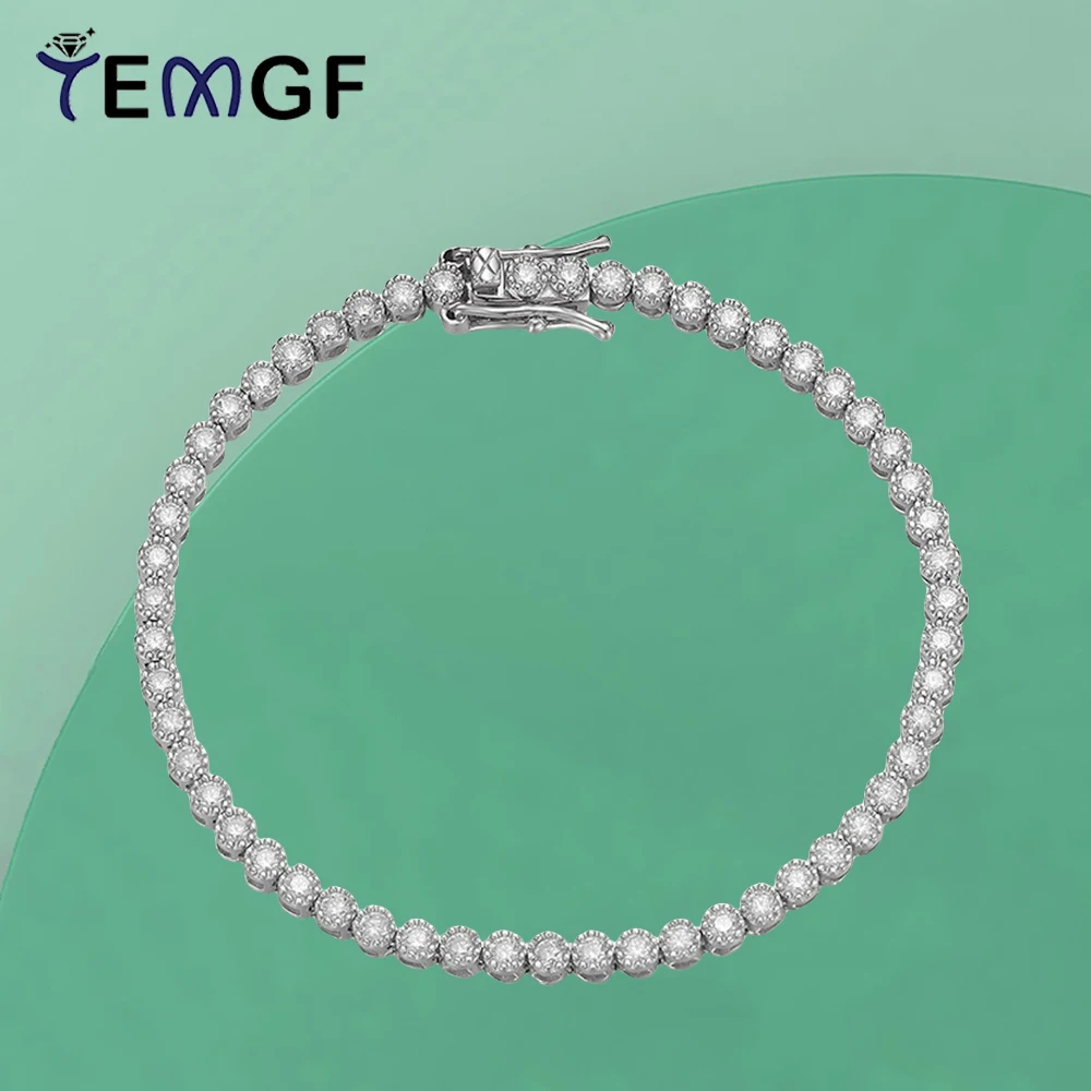 

TEMGF Full 2mm Moissanite Bracelet S925 Sterling Silver Chain for Women Girls Simple Elegant Fine Jewelry Love Friendship Gifts