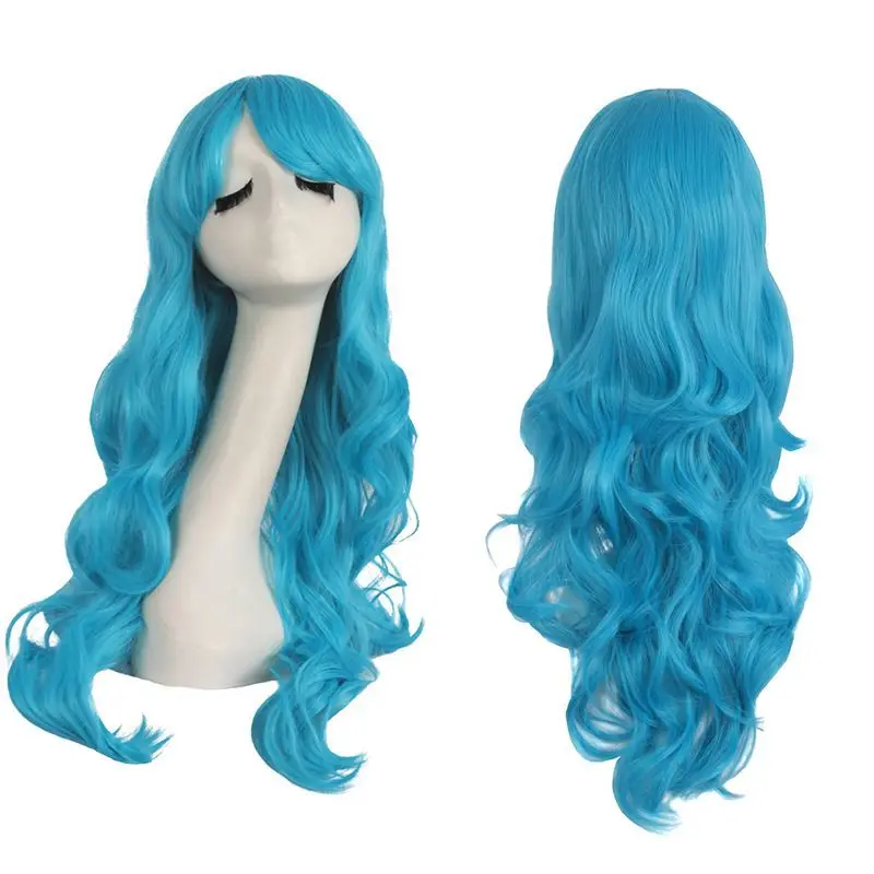 Tongmancos شعر مستعار طويل مع تجعيد طفيف، موجات كبيرة رقيق، شعر طويل مجعد على الطراز الياباني أزرق كامل الرأس 70 سم