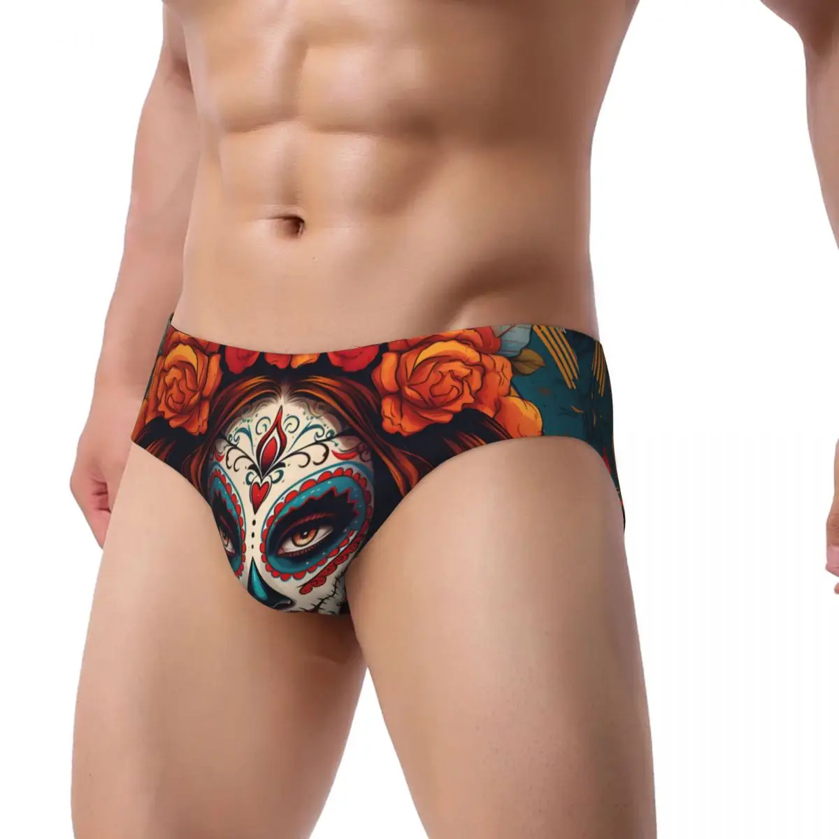 Calças triangulares masculinas flores crânio mexicano calavera homem roupa interior sexy briefs respirável suor confortável calcinha