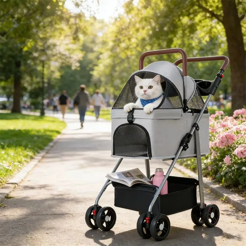 Four-wheeled pet cart, metal material, light, foldable, removable, dog and cat pet cart, with zipper, suitable for going out