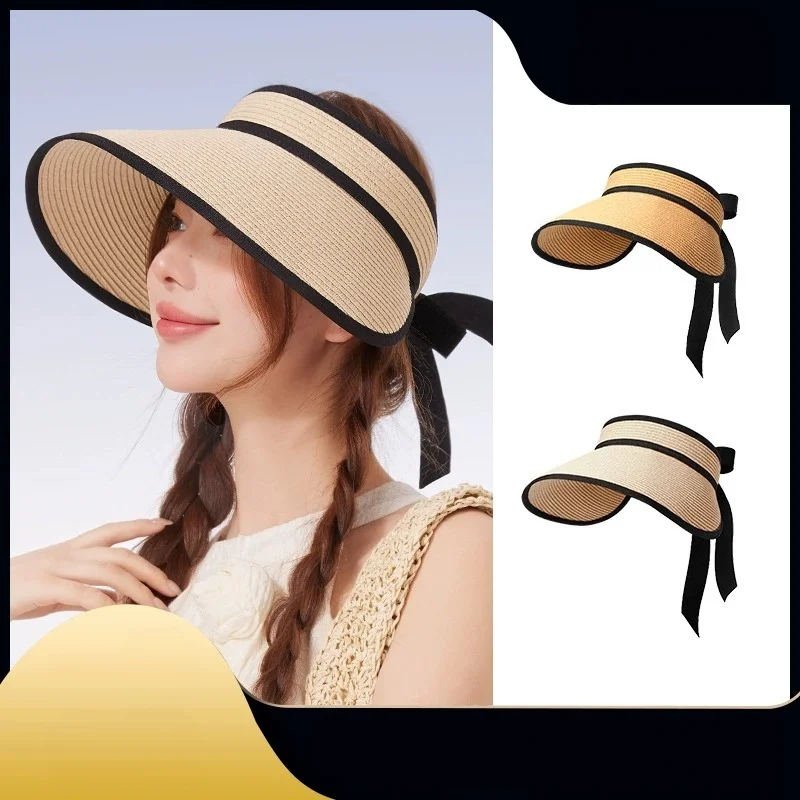 Women's Sun Hat: Summer Bow-Adorned Open-Top Hat, Sun Protection Hat, Beach Fashion Vacation Hat