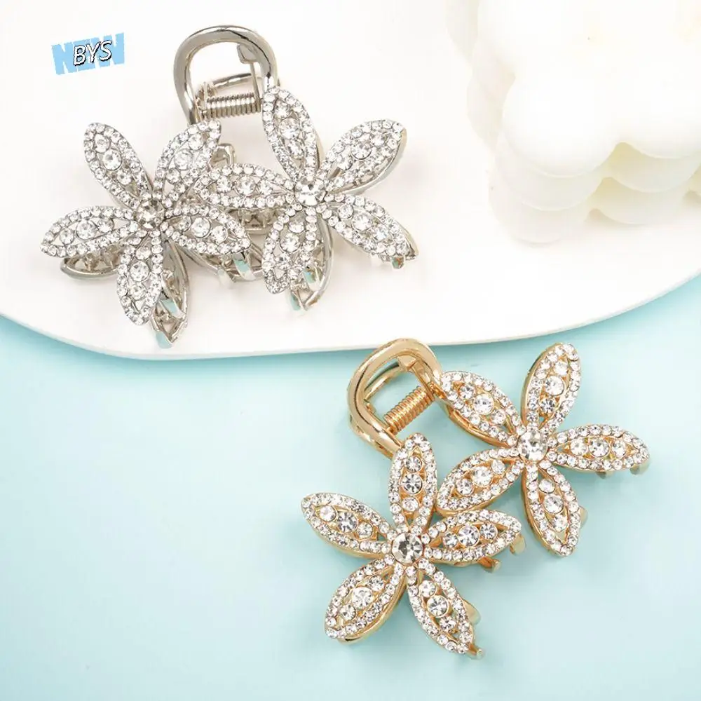 

Large Crystal Rhinestone Hair Claw Gold Korean Style Flower Shark Clip Grab Clip Luxury Hair Claw Lady