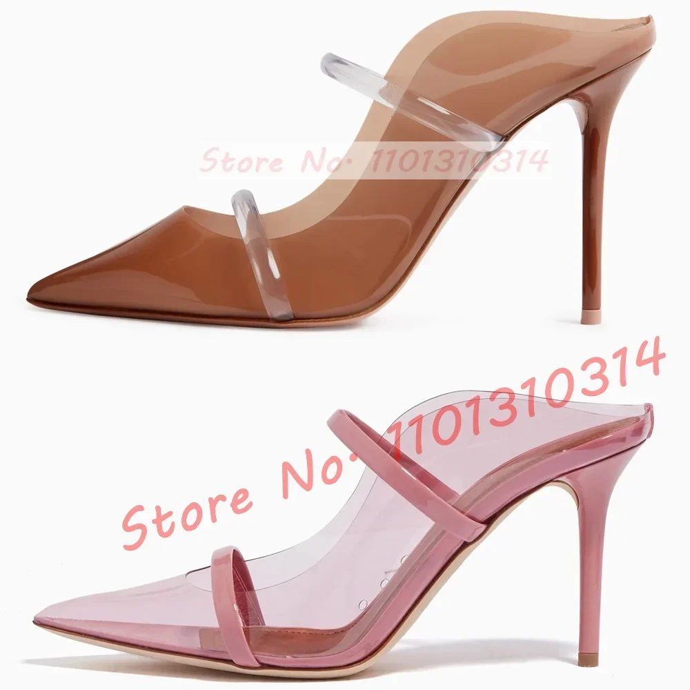 

Double Straps Nude Pvc Mules Women Elegant Pointed Toe Thin High Heels Clear Shoes Ladies Luxury Two Tone Waves Outline Slippers