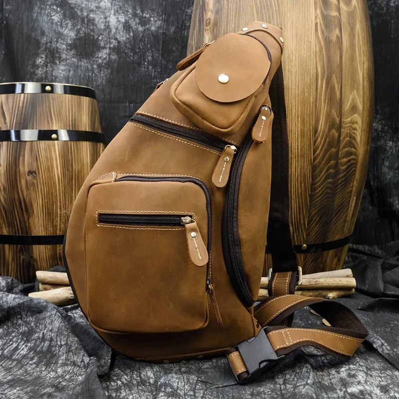 Big Capacity Men Chest Bag Cowhide Leather Chest Pack Crazy Horse Leather Daily Sling Backpack Male Anti Theft Travel bag