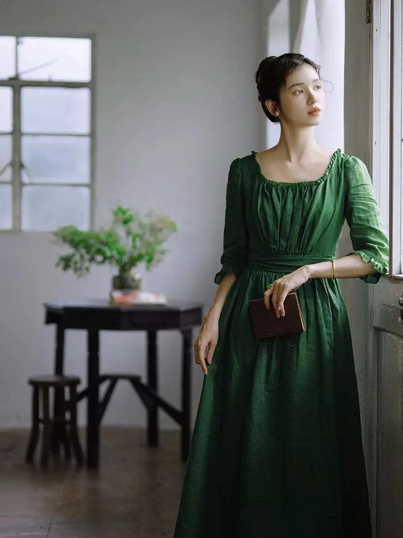 84-96cm Bust Spring Summer Women European Victorian Vintage Slim Waist Comfortable Thin Light Ramie Green Dresses